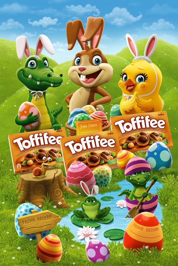 Toffifee 妃巧克力與杏仁奶油夾心軟糖鱷魚兔子小雞卡通形象設(shè)計、包裝設(shè)計1