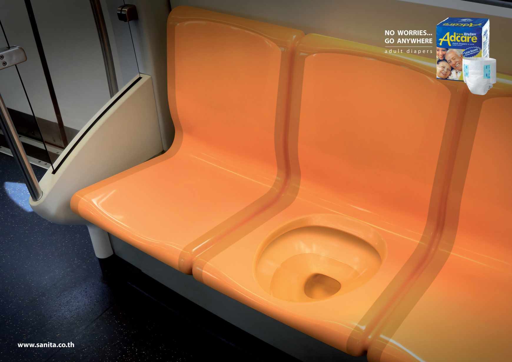 Adcare 成人紙尿褲創(chuàng)意平面廣告設(shè)計-上海廣告設(shè)計公司國外廣告欣賞3-地鐵座位篇