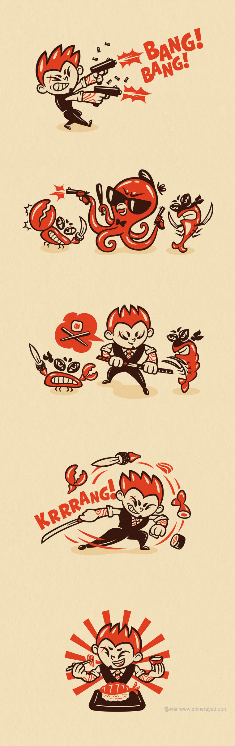 Mama Mafia 漢堡與日式料理外賣快餐餐廳品牌VI視覺形象設(shè)計-輔助圖形設(shè)計插畫設(shè)計1