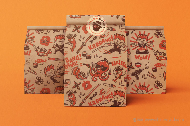 Mama Mafia 漢堡與日式料理外賣快餐餐廳品牌VI視覺形象設(shè)計之快餐外賣袋子設(shè)計