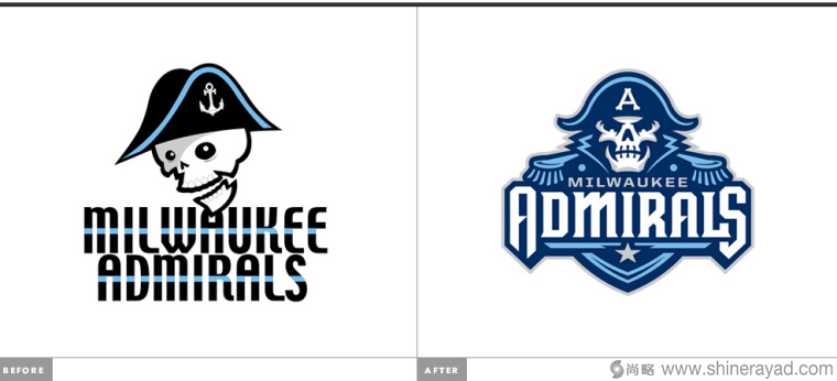 美國冰球聯(lián)盟職業(yè)冰球隊Milwaukee Admirals海盜水手新標志設計-新舊標志對比