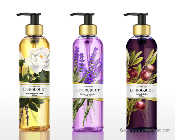 上?；瘖y品包裝設(shè)計(jì)公司欣賞：全彩印花朵插畫 Le Bouquet 品牌沐浴露包裝設(shè)計(jì)