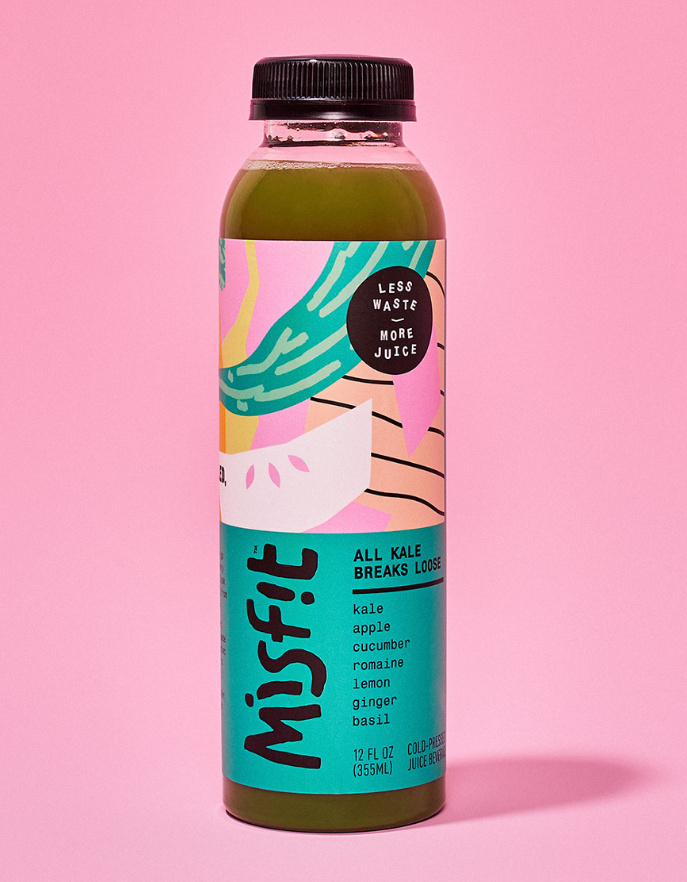 misfit 混合蔬菜水果果汁包裝設計，色彩明亮的自由涂鴉藝術氣質