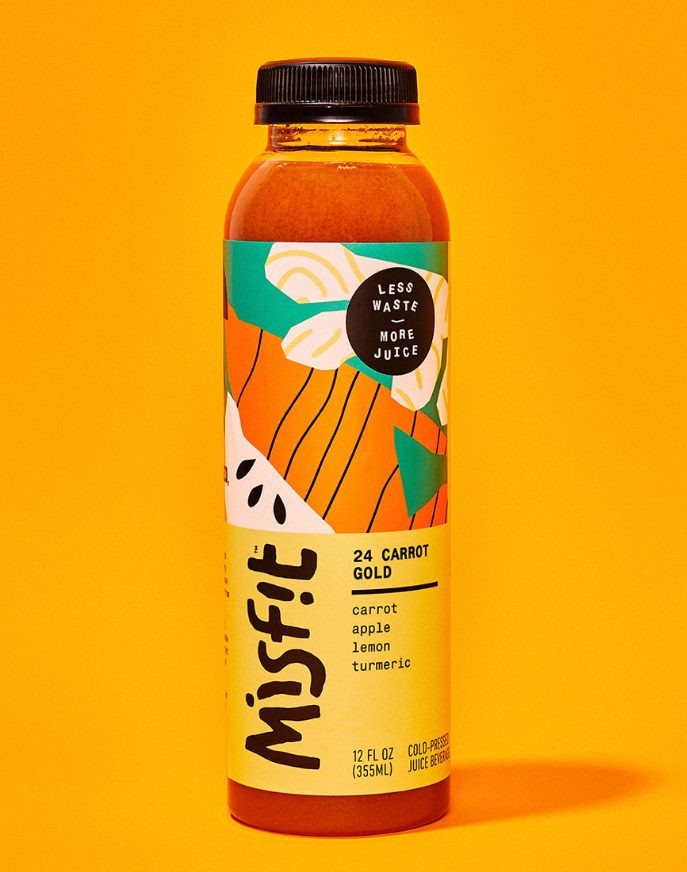 misfit 混合蔬菜水果果汁包裝設計，色彩明亮的自由涂鴉藝術氣質