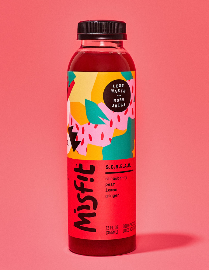 misfit 混合蔬菜水果果汁包裝設計，色彩明亮的自由涂鴉藝術氣質