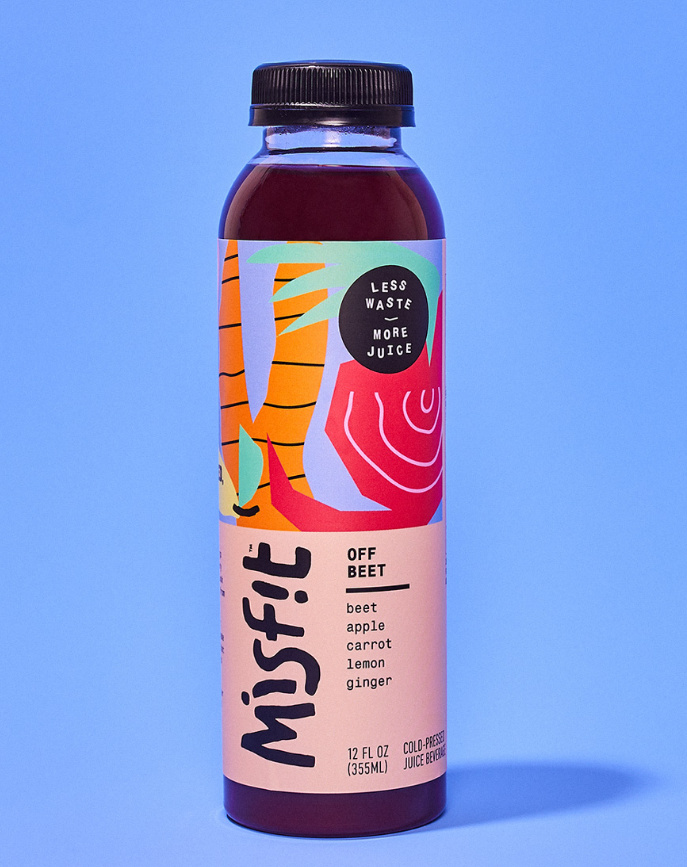 misfit 混合蔬菜水果果汁包裝設計，色彩明亮的自由涂鴉藝術氣質