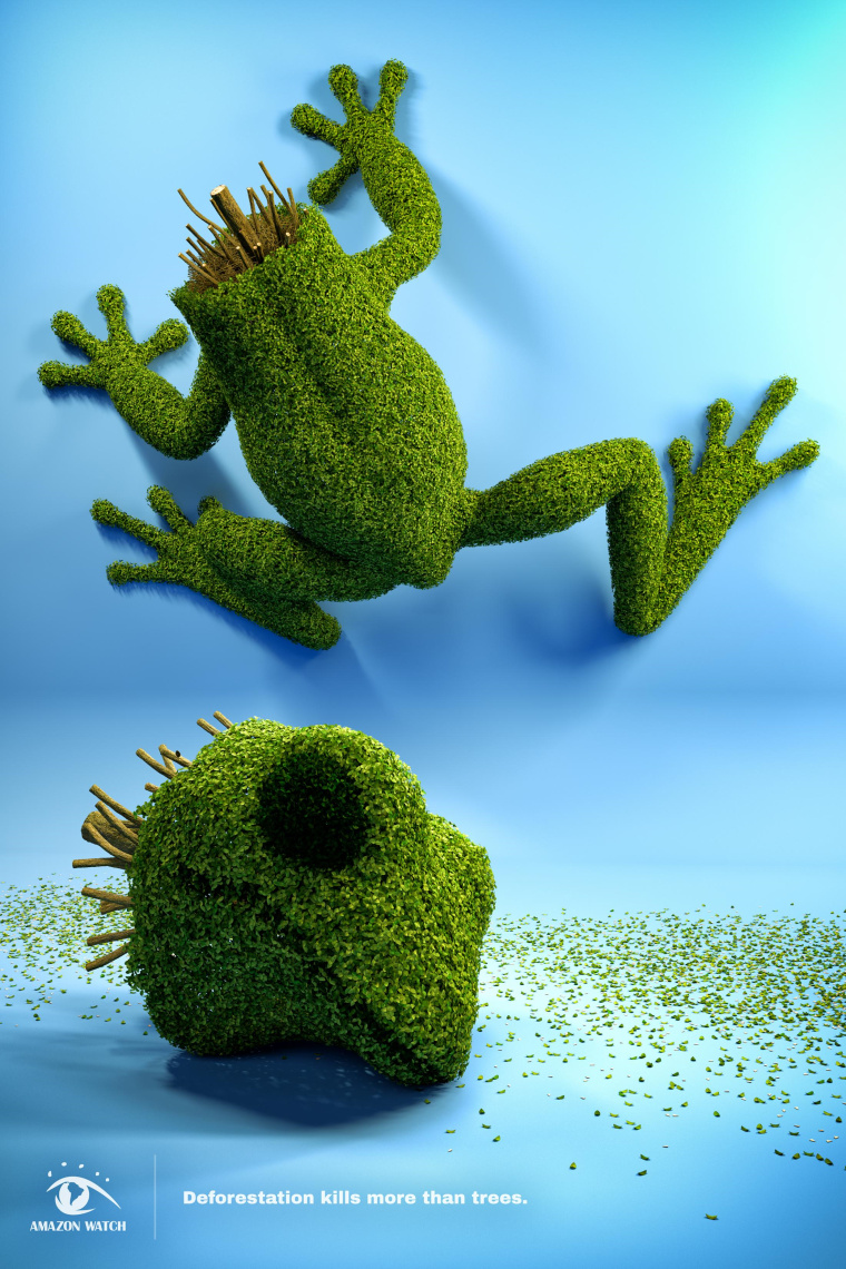 “砍伐森林殺死的不僅僅是樹(shù)木 ”保護(hù)森林平面公益廣告創(chuàng)意綠色動(dòng)物篇-飛鏢青蛙賞析