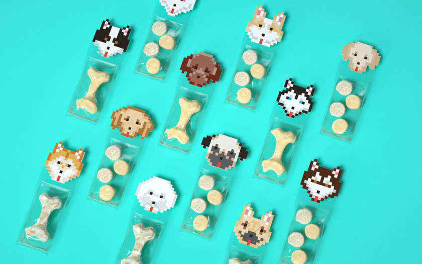 Nonda寵物店商品品牌包裝設計，馬賽克寵物插畫風格