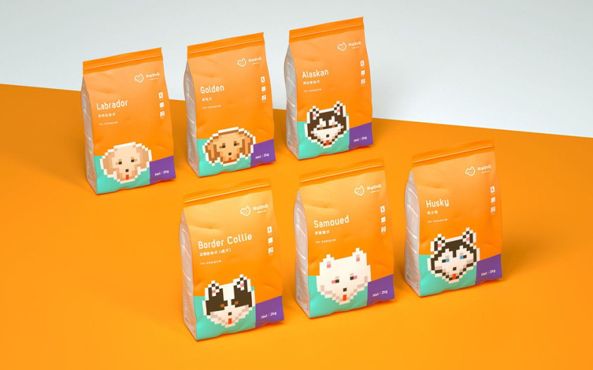 Nonda寵物店商品品牌包裝設計，馬賽克寵物插畫風格