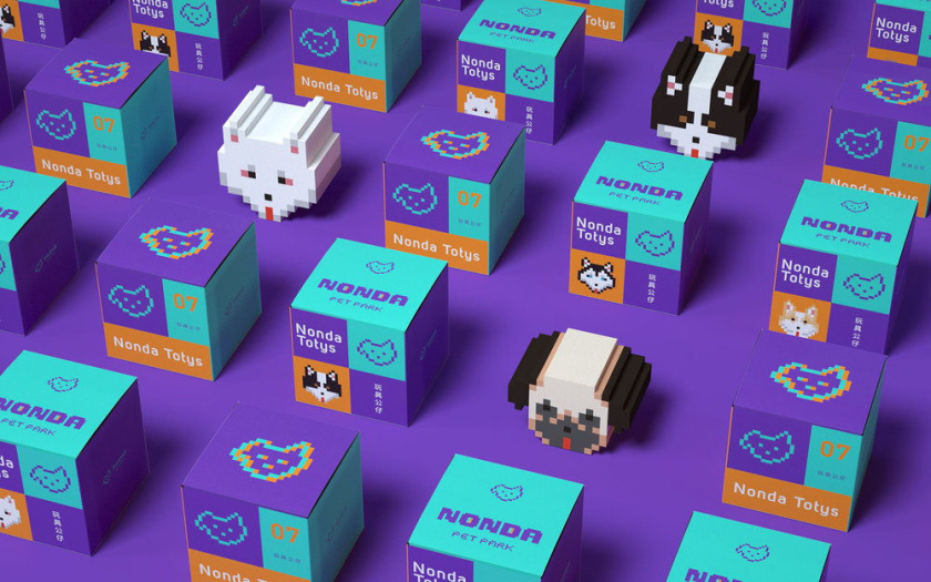 Nonda寵物店商品品牌包裝設計，馬賽克寵物插畫風格