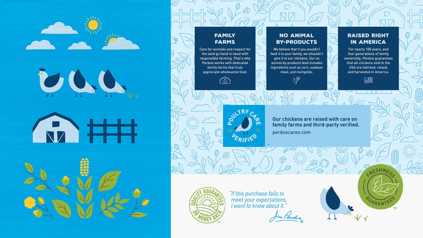Perdue冷鮮雞肉品牌產(chǎn)品包裝設(shè)計(jì)插畫(huà)，展現(xiàn)了標(biāo)志性的農(nóng)場(chǎng)情景