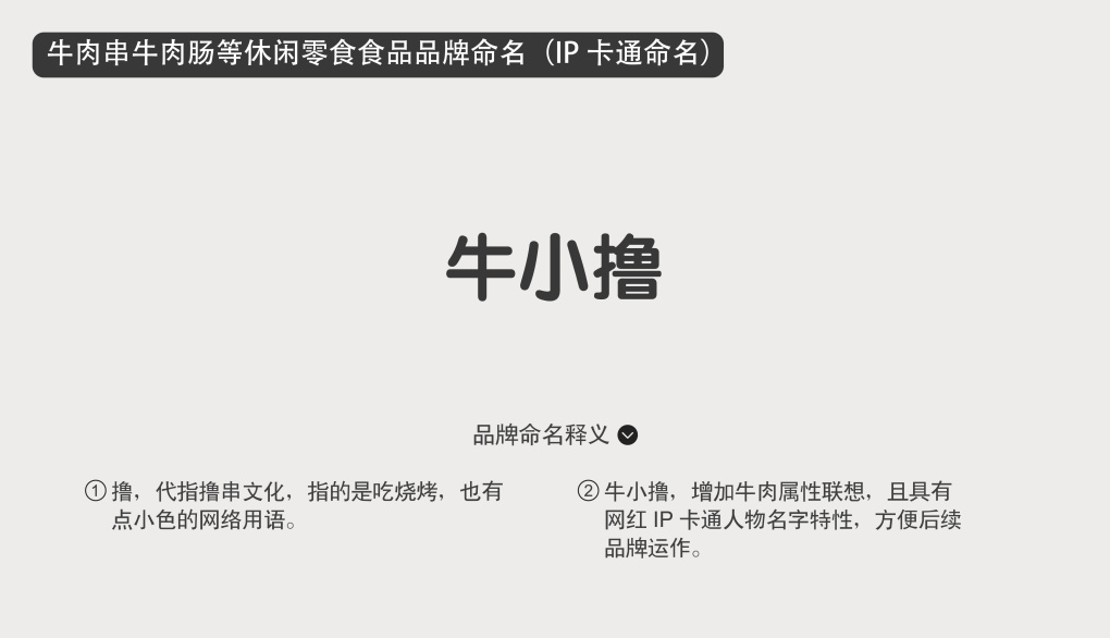 “牛小擼”牛肉串牛肉腸等休閑零食食品品牌命名（IP卡通命名）