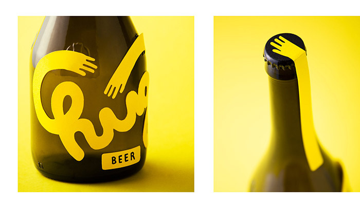 “快樂(lè)啤酒節(jié)”工作坊標(biāo)志包裝設(shè)計(jì)，英語(yǔ)詞匯hug擁抱的擬人化創(chuàng)意呈現(xiàn)