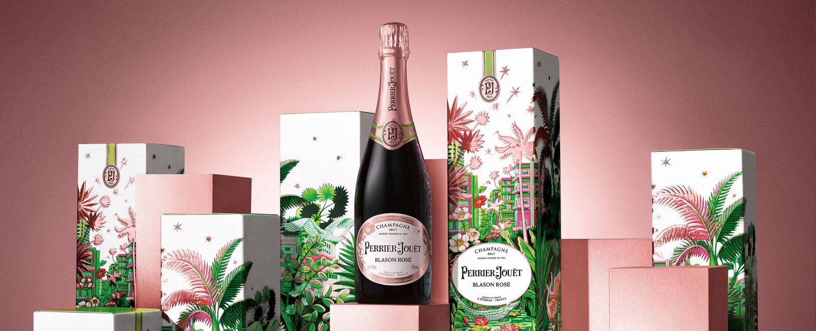 情人節(jié)禮盒 PERRIER-JOU?T玫瑰香檳包裝設(shè)計(jì)，熱帶雨林植物插畫(huà)設(shè)計(jì)