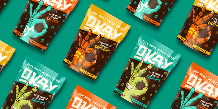 OKAY咖啡神秘生物的手插圖包裝設(shè)計(jì)，一切都會(huì)好起來(lái)的