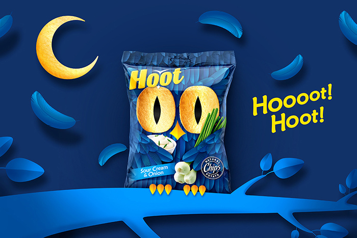 Hoot薯片貓頭鷹形象包裝設(shè)計(jì)，一雙貓頭鷹的大眼睛極具趣味性和情感性