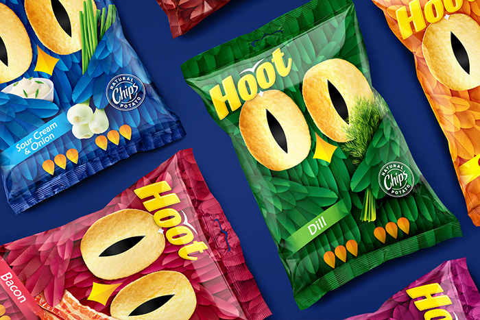 Hoot薯片貓頭鷹形象包裝設(shè)計(jì)，一雙貓頭鷹的大眼睛極具趣味性和情感性
