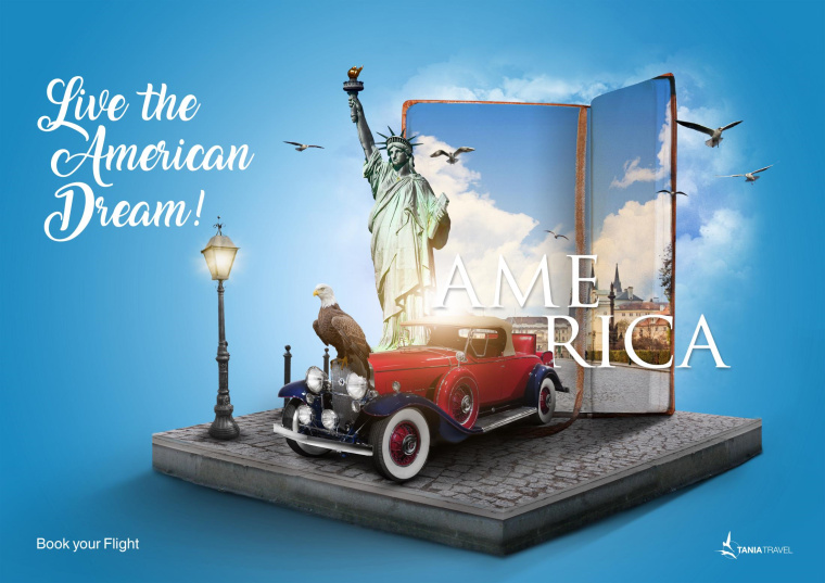 塔尼亞旅行社旅游廣告“預(yù)定航班-美國(guó)生活”平面創(chuàng)意賞析-上海廣告設(shè)計(jì)公司
