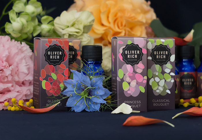 Oliver Rich 香薰精油油包裝設(shè)計，漂浮在空氣的抽象花瓣插畫設(shè)計