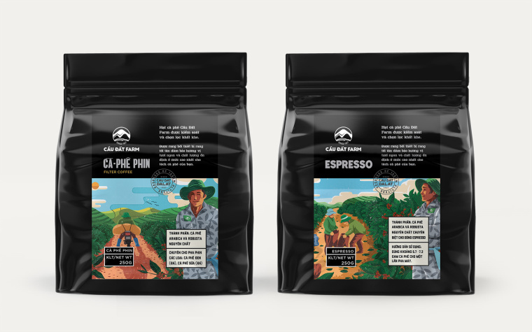 Cau Dat 農(nóng)場咖啡茶葉包裝設(shè)計，采用環(huán)繞農(nóng)場的插畫設(shè)計將全景感受融入其中