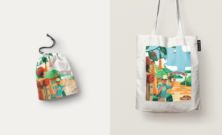 Cau Dat農(nóng)場插畫式包裝設(shè)計，采用環(huán)繞設(shè)計將全景感受融入其中