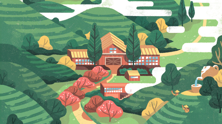 Cau Dat農(nóng)場插畫式包裝設(shè)計，采用環(huán)繞設(shè)計將全景感受融入其中