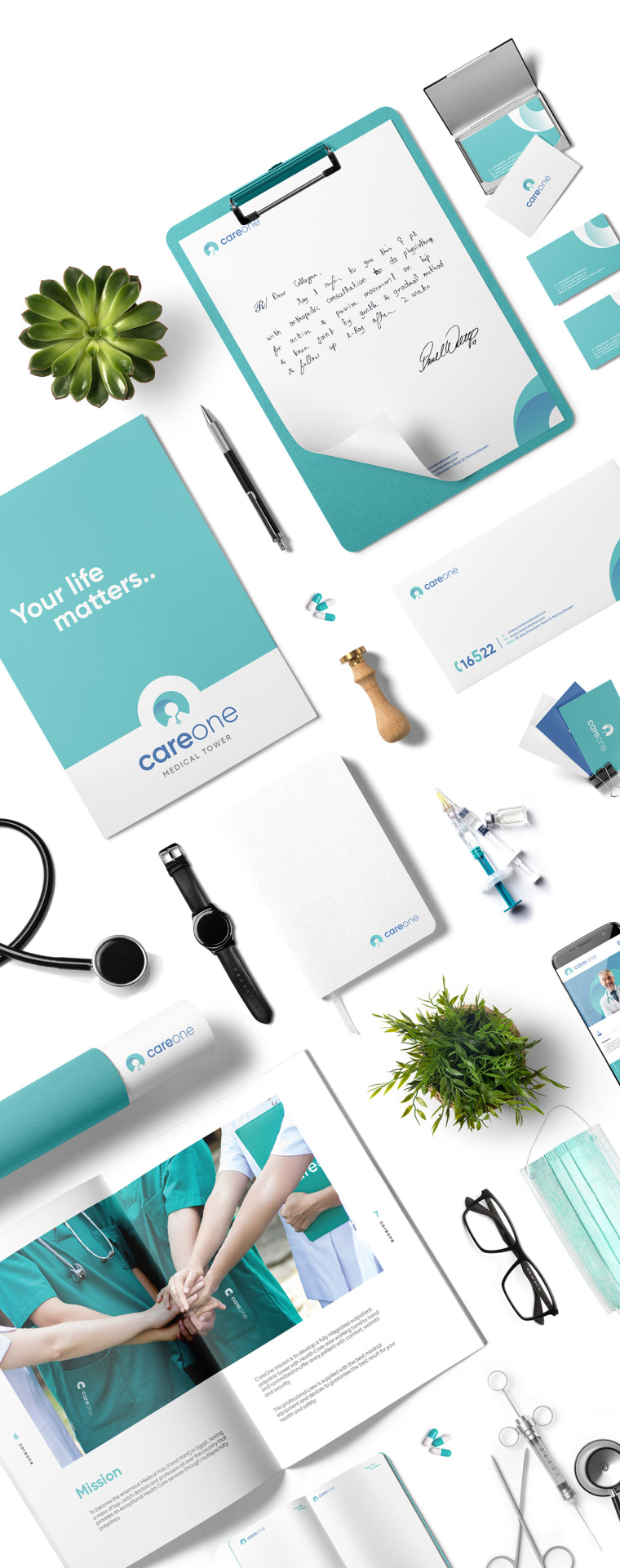 CareOne醫(yī)療機構(gòu)品牌形象VI設計logo設計，藝術感醫(yī)生元素鑲嵌于旋轉(zhuǎn)字母C