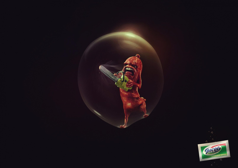 Picot泡騰抗酸劑藥品平面廣告創(chuàng)意設(shè)計，以夸張手法表現(xiàn)強(qiáng)大且持久-香腸