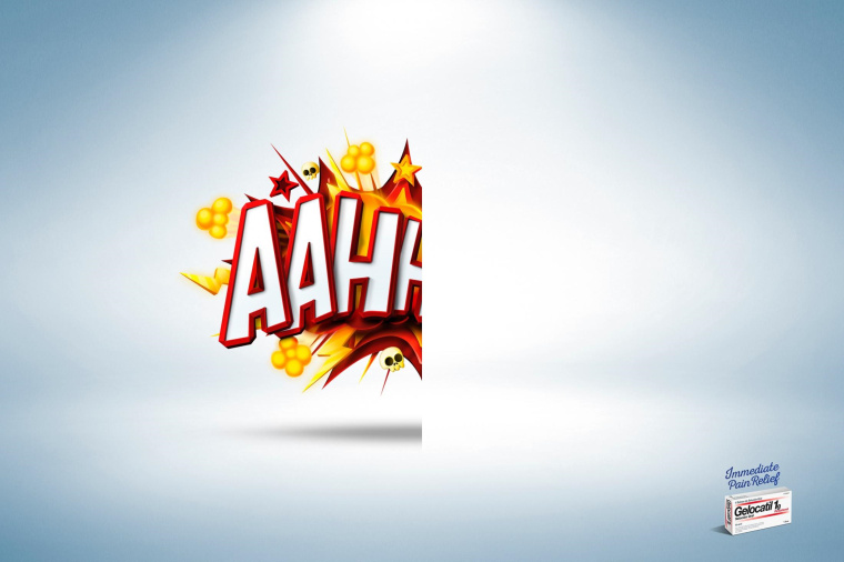 Gelocatil止痛藥平面廣告創(chuàng)意設計，以對比表現(xiàn)手法傳達止痛超過聲速的特點