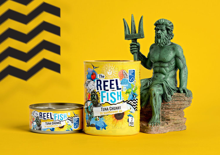 The Reel Fish 金槍魚罐頭包裝設(shè)計(jì)，大膽的配色和自由活潑的插圖