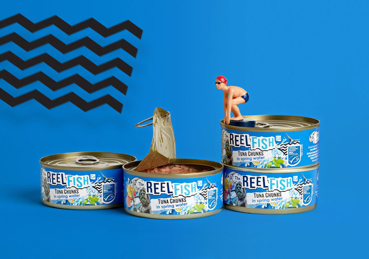 The Reel Fish 金槍魚罐頭包裝設(shè)計(jì)，大膽的配色和自由活潑的插圖
