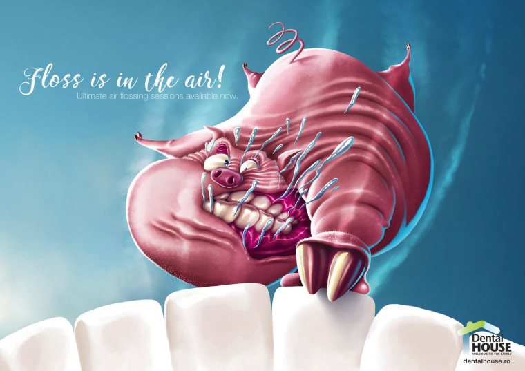 牙科之家終極空氣牙線平面廣告設(shè)計(jì)“牙線在空氣中”-豬