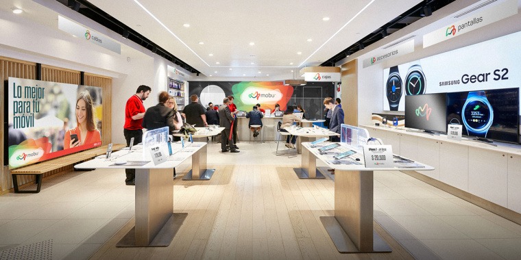 Mobu手機(jī)與移動配件零售連鎖店品牌logo設(shè)計,動感的漸變色線條M字母logo