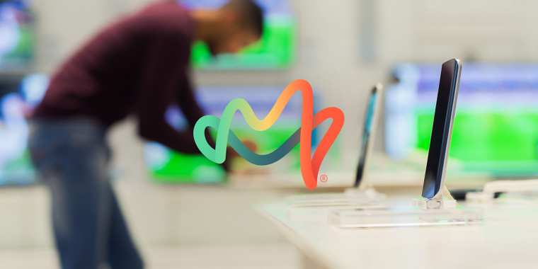 Mobu 手機及移動配件零售連鎖店品牌logo設(shè)計，動感的漸變色線條M字母logo