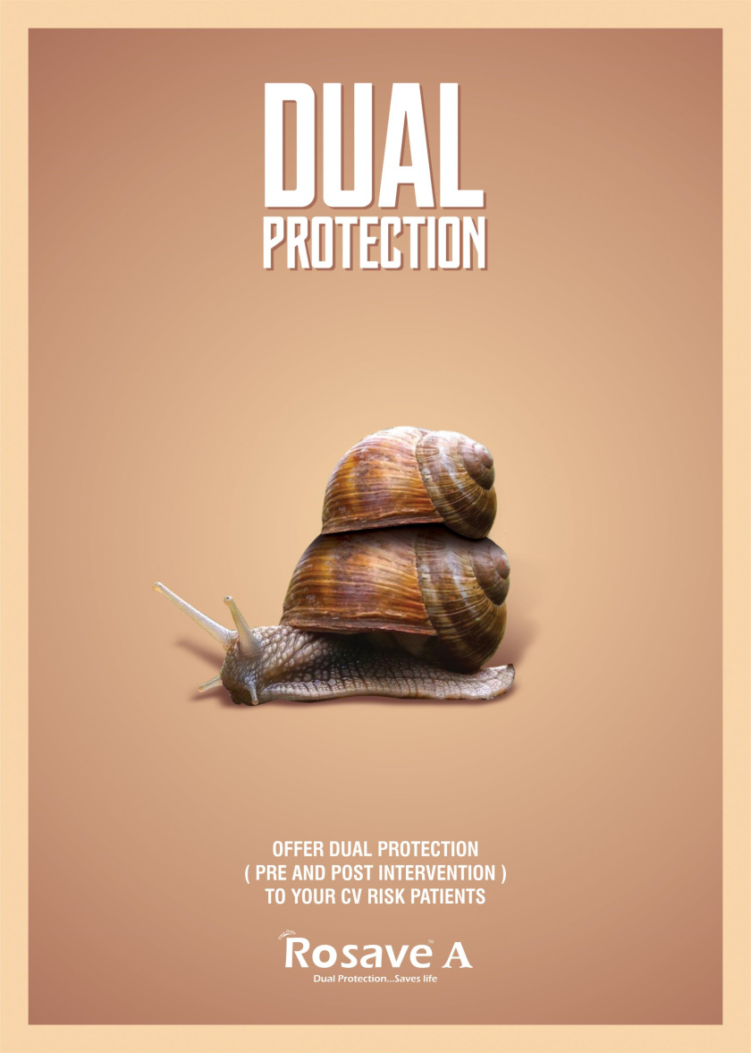 Rosave A藥品廣告海報(bào)設(shè)計(jì)動(dòng)物-蝸牛篇：為心血管風(fēng)險(xiǎn)患者提供雙重保護(hù)