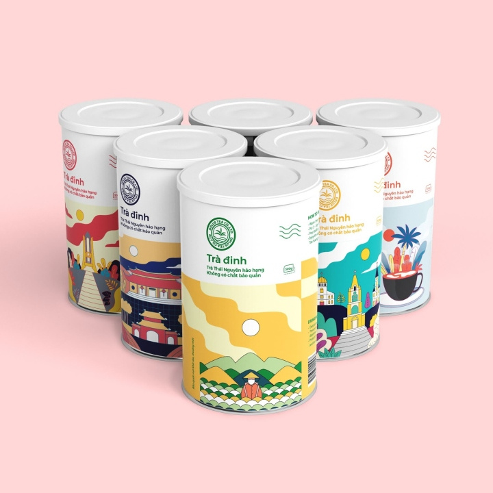 Dinh 茶葉包裝設(shè)計，扁平插畫藝術(shù)風格