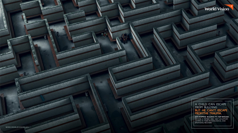 公益組織“世界宣明會”創(chuàng)意平面廣告設(shè)計：孩子可以逃避欺凌，但無法擺脫創(chuàng)傷