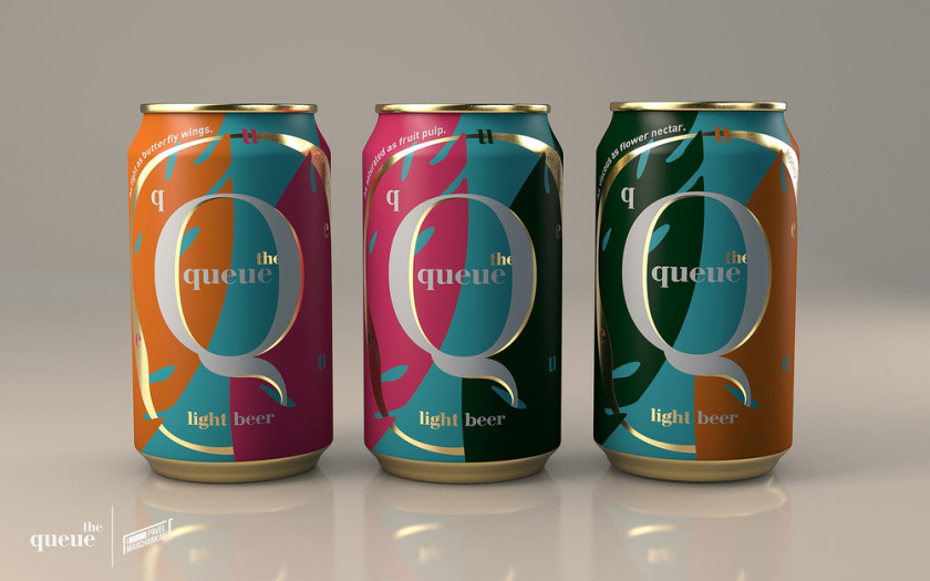 比利時queue啤酒包裝設計，大寫字母Q貫穿所有包裝