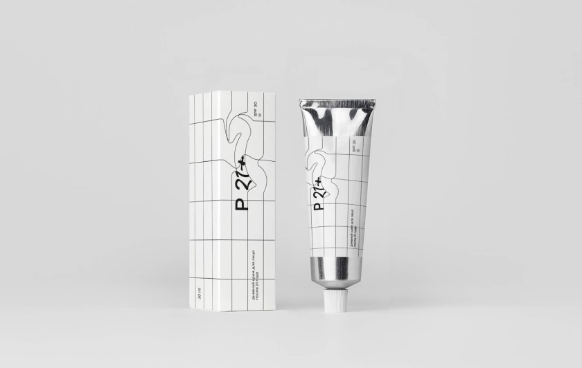 P21+防曬化妝品包裝設(shè)計(jì)，扭曲的線條寓意被太陽(yáng)損傷的皮膚