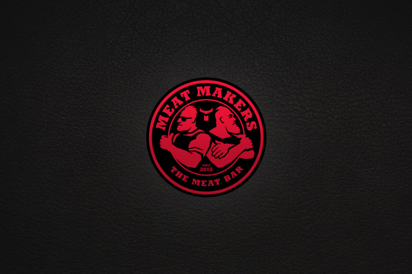 Meat Makers 肉食酒吧餐廳logo設(shè)計,兩個背靠背硬漢 Meat Makers 肉食酒吧餐廳logo設(shè)計,兩個背靠背硬漢