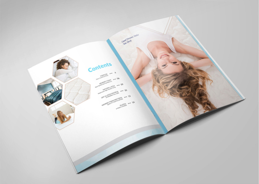 nitelax床墊畫冊設(shè)計(jì)，左右布局加淡雅設(shè)計(jì)，營造輕松風(fēng)格