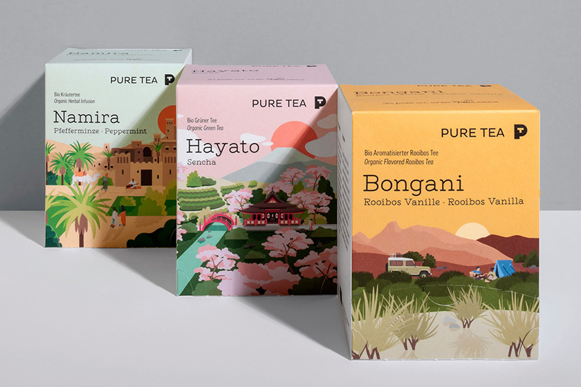 pure tea 純茶有機茶葉包裝設(shè)計，13個茶葉原產(chǎn)地風(fēng)景插圖設(shè)計