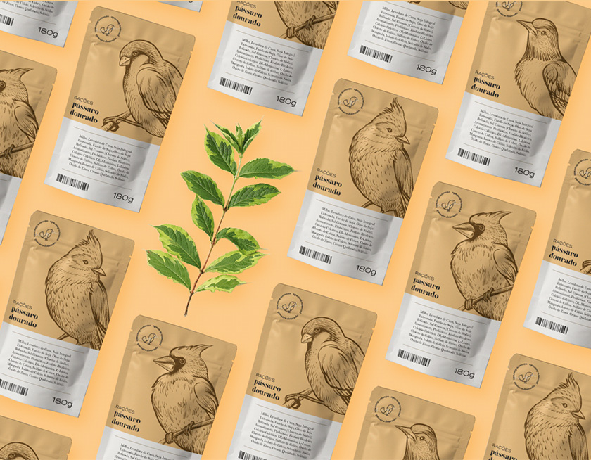 Pássaro金鳥飼料口糧包裝設(shè)計(jì)，手繪小鳥的圖案包裝