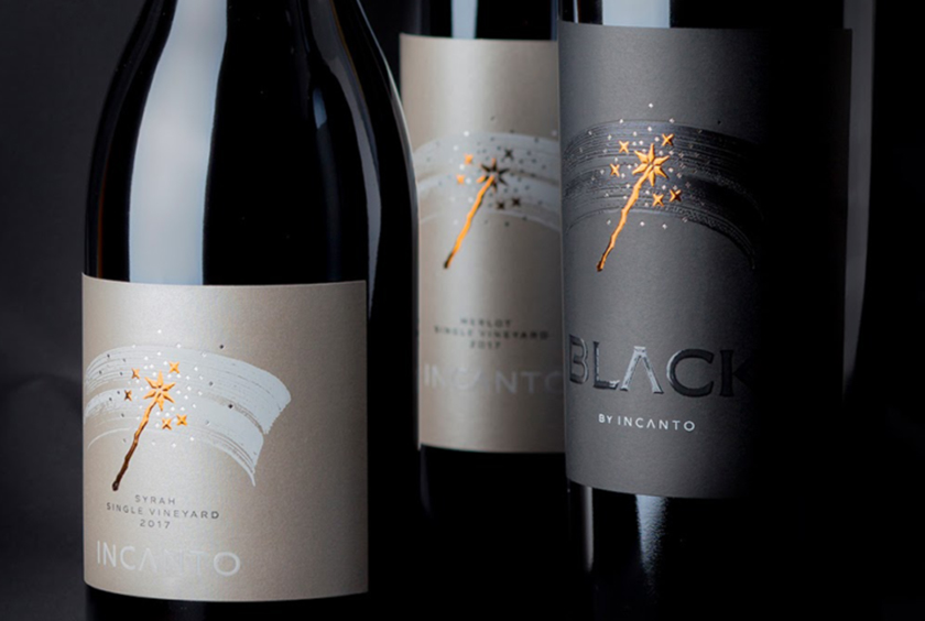 Incanto葡萄酒酒標包裝標簽設計,菜肴凹凸金箔印刷工藝的魔術棒圖案 Incanto葡萄酒酒標包裝標簽設計,菜肴凹凸金箔印刷工藝的魔術棒圖案