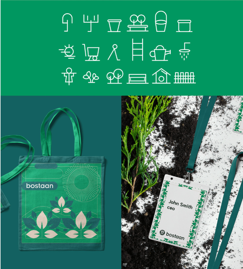 Bostaan 景觀公司logo設(shè)計(jì)與vi設(shè)計(jì)，矢量化幾何風(fēng)格綠葉與根須