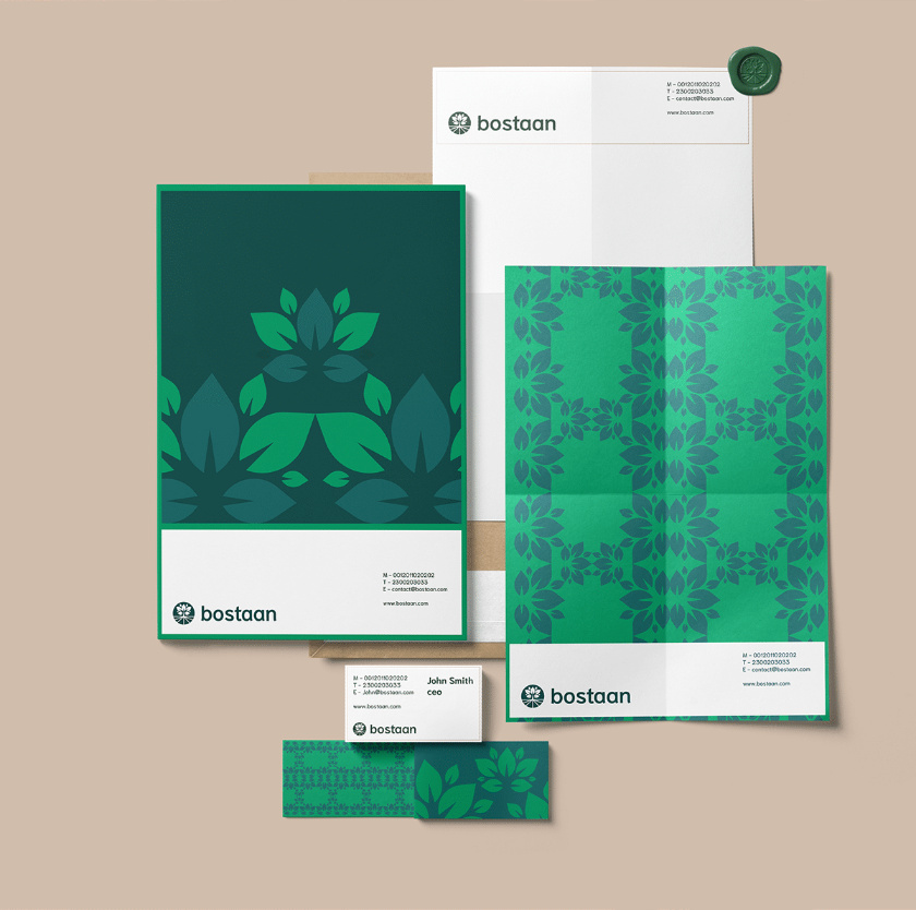 Bostaan 景觀公司logo設(shè)計(jì)與vi設(shè)計(jì)，矢量化幾何風(fēng)格綠葉與根須