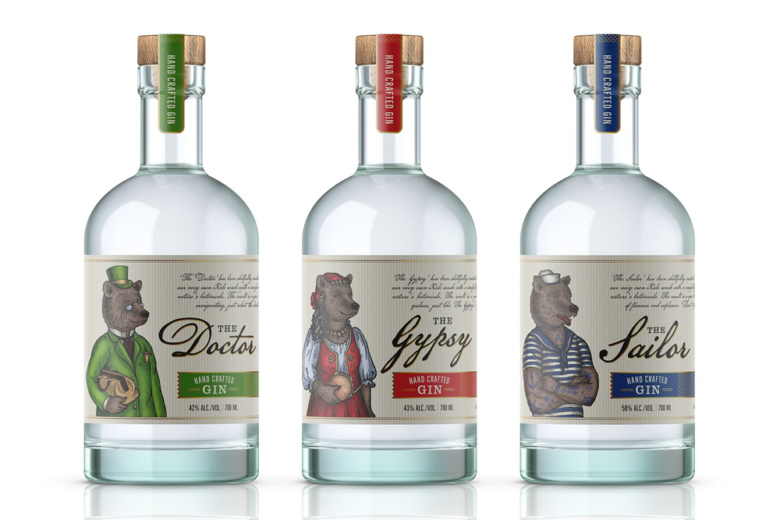 小熊杜松子酒包裝標簽設(shè)計，每種酒都有不同的小熊插畫