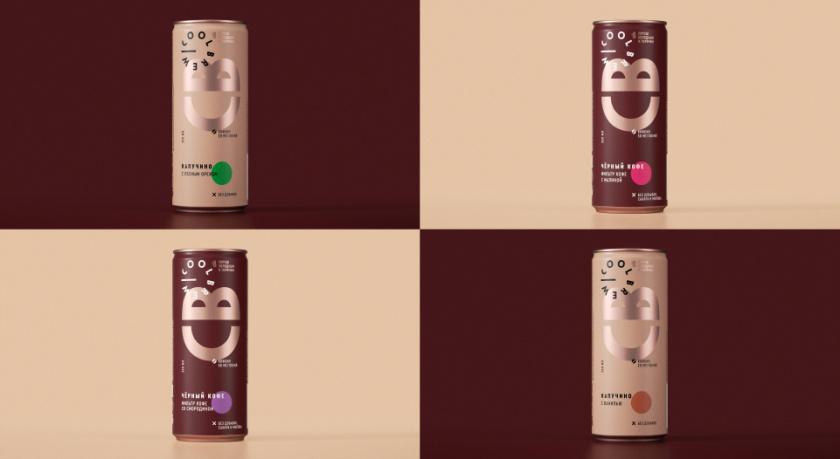 CoolBrew冷釀灌裝咖啡包裝設(shè)計(jì)，以品牌字母設(shè)計(jì)包裝圖案?jìng)鬟_(dá)愉悅和凸顯品牌