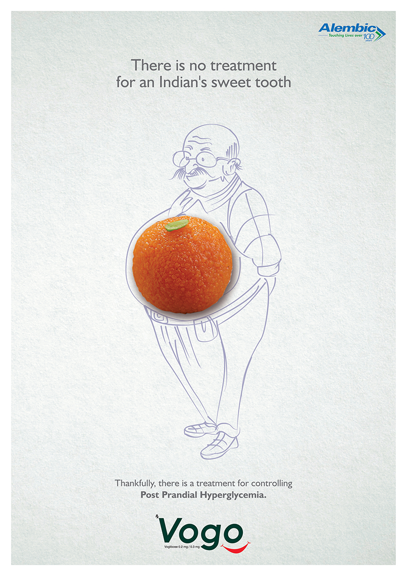 印度高血糖藥廣告平面設(shè)計，不失趣味指出愛吃糖老年患者的身體狀況