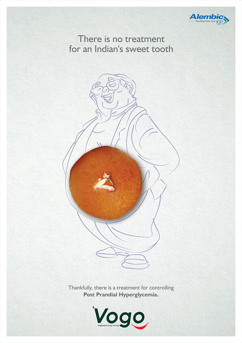 印度高血糖醫(yī)藥廣告平面設(shè)計，不失趣味指出愛吃糖老年患者的身體狀況